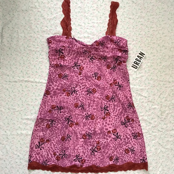 NWT Out From Under Mon Amor Lace Strap Mesh Slip Dress L Blush Pink Red Cherry - Picture 2 of 13